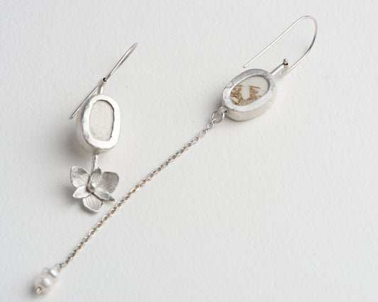 Asymmetrical Sterling Silver Earrings with Upcycled Vintage Porcelain and Pearl Detail