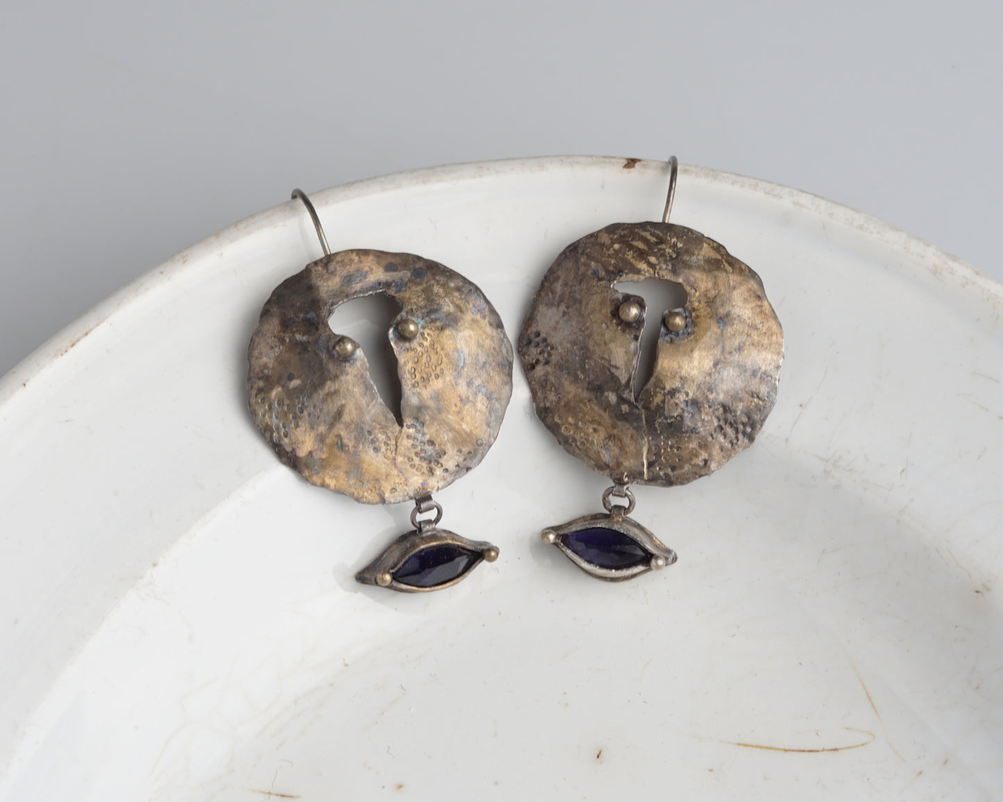 Handcrafted Forged Silver Earrings with Gold Plating and Marquise Iolite