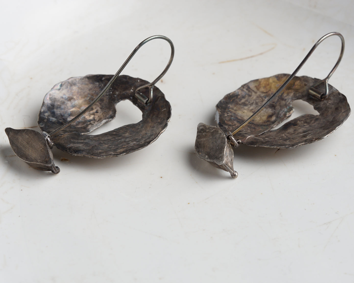 Handcrafted Forged Silver Earrings with Gold Plating and Marquise Iolite