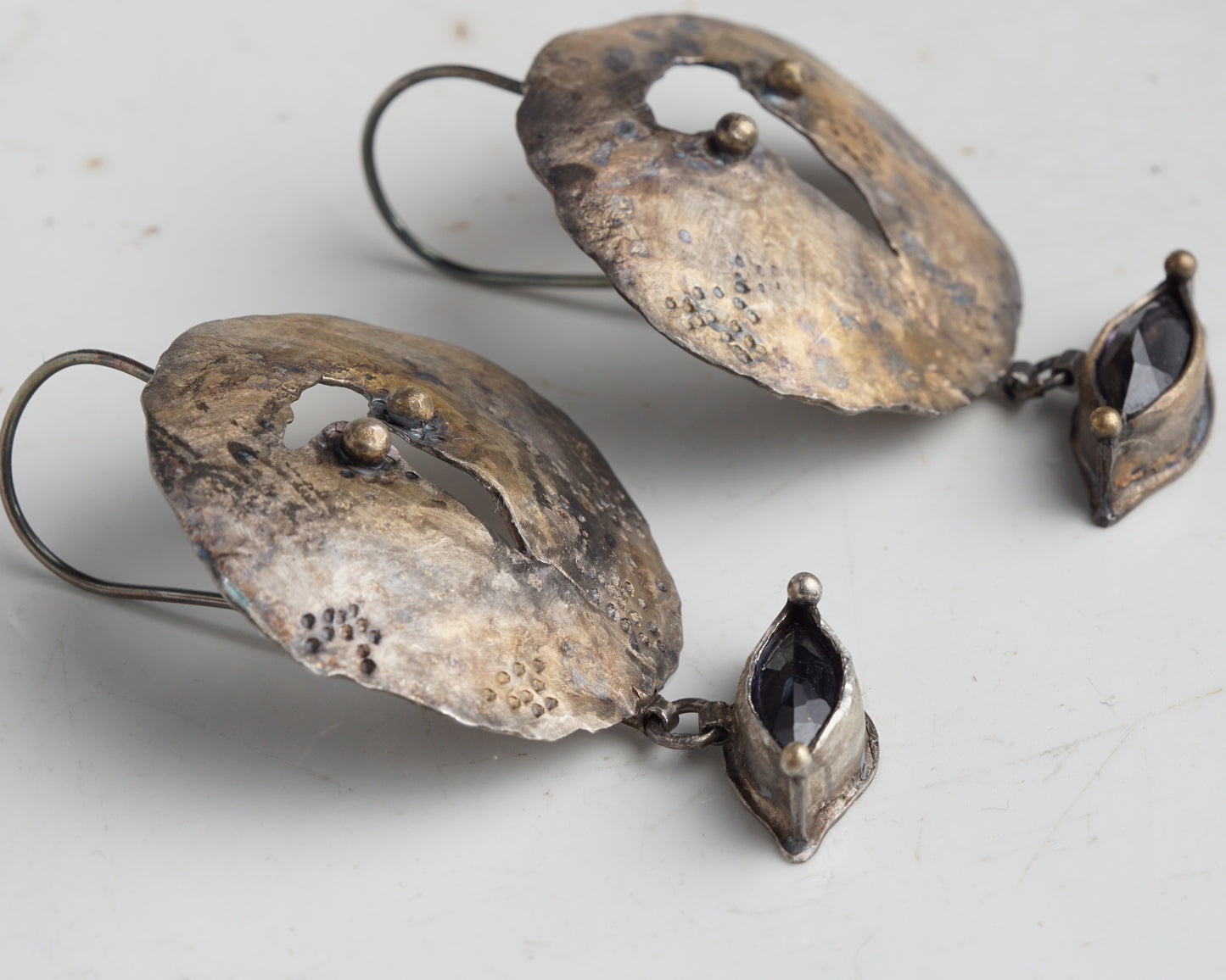 Handcrafted Forged Silver Earrings with Gold Plating and Marquise Iolite