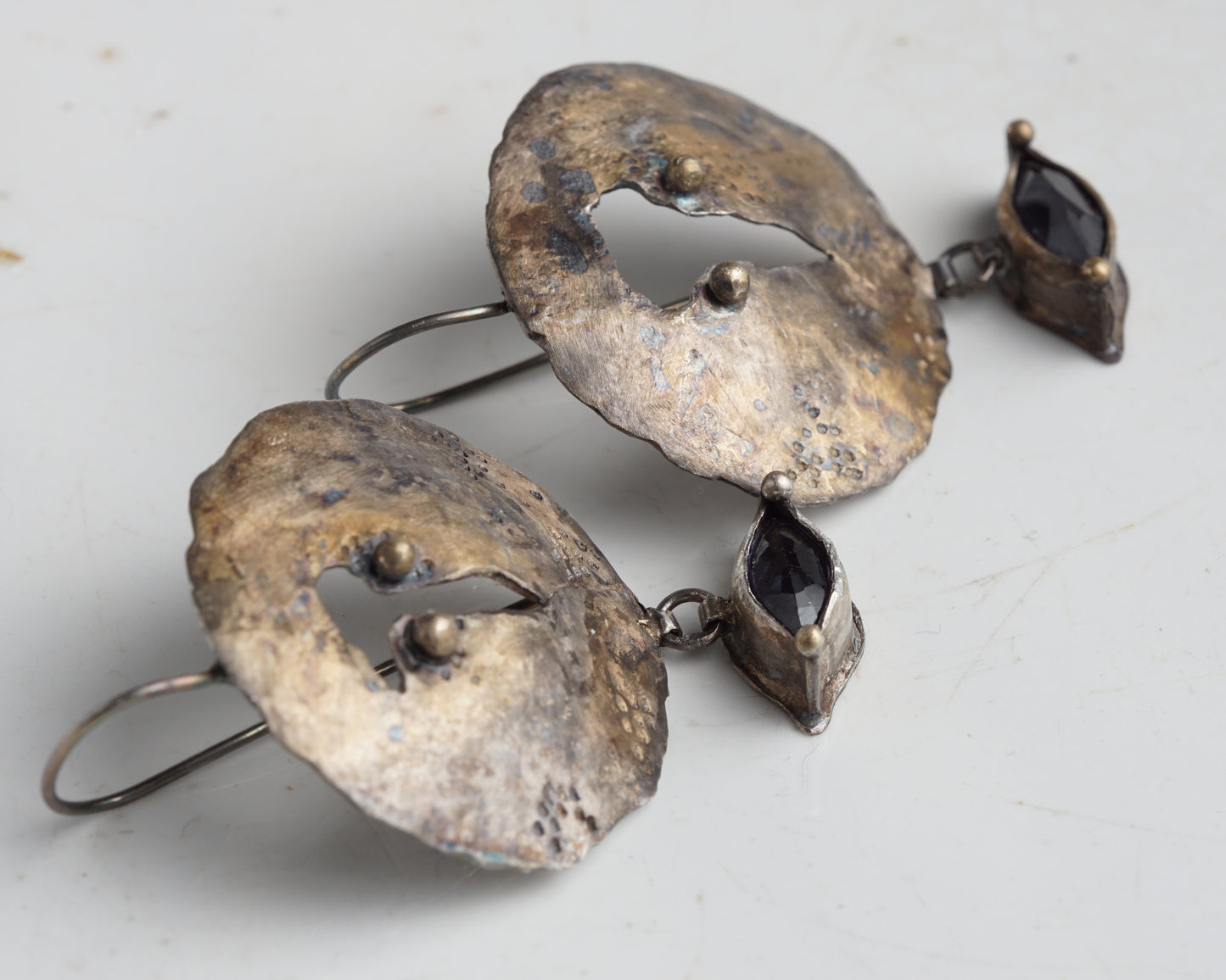 Handcrafted Forged Silver Earrings with Gold Plating and Marquise Iolite