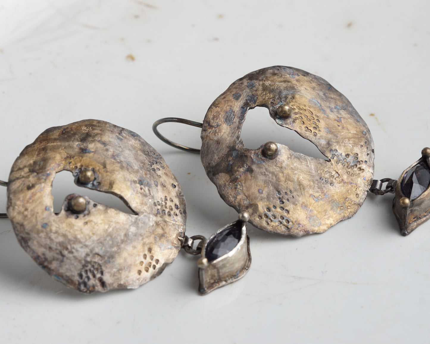 Handcrafted Forged Silver Earrings with Gold Plating and Marquise Iolite