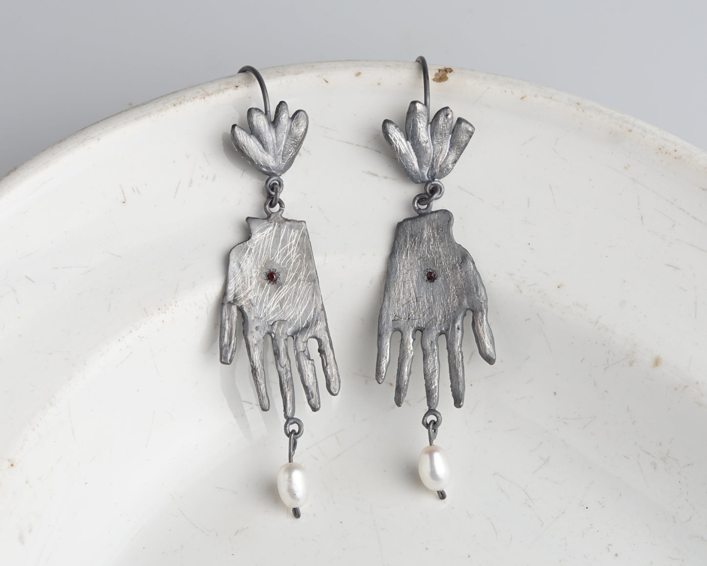 Sterling Silver Hand Earrings with Ruby and Pearl