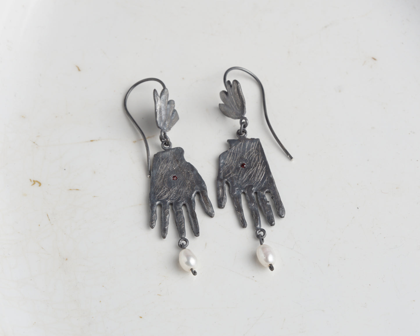 Sterling Silver Hand Earrings with Ruby and Pearl