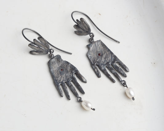 Sterling Silver Hand Earrings with Ruby and Pearl