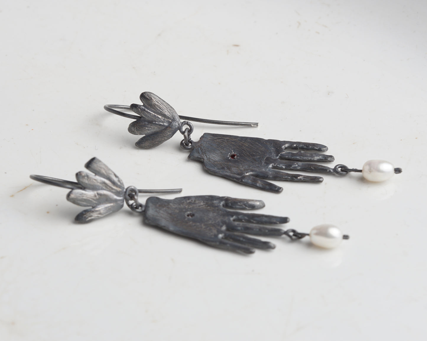 Sterling Silver Hand Earrings with Ruby and Pearl