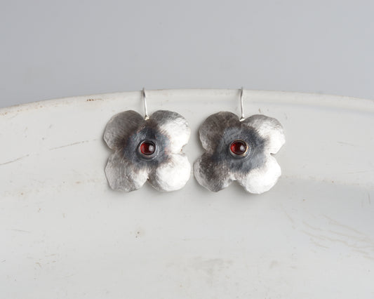 Silver Flower Earrings with Ruby