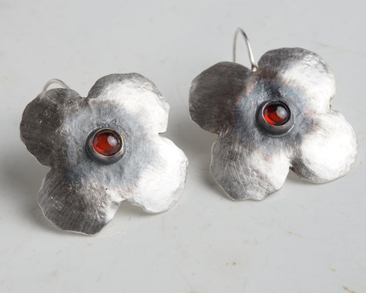 Silver Flower Earrings with Ruby