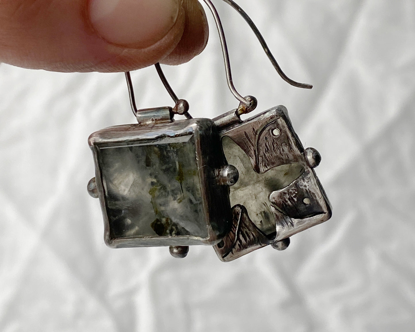 Prehnite Square Drop Earrings in Oxidized Sterling Silver
