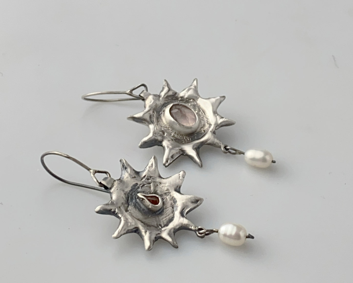 Silver Sun Earrings with Pink Quartz and Carnelian