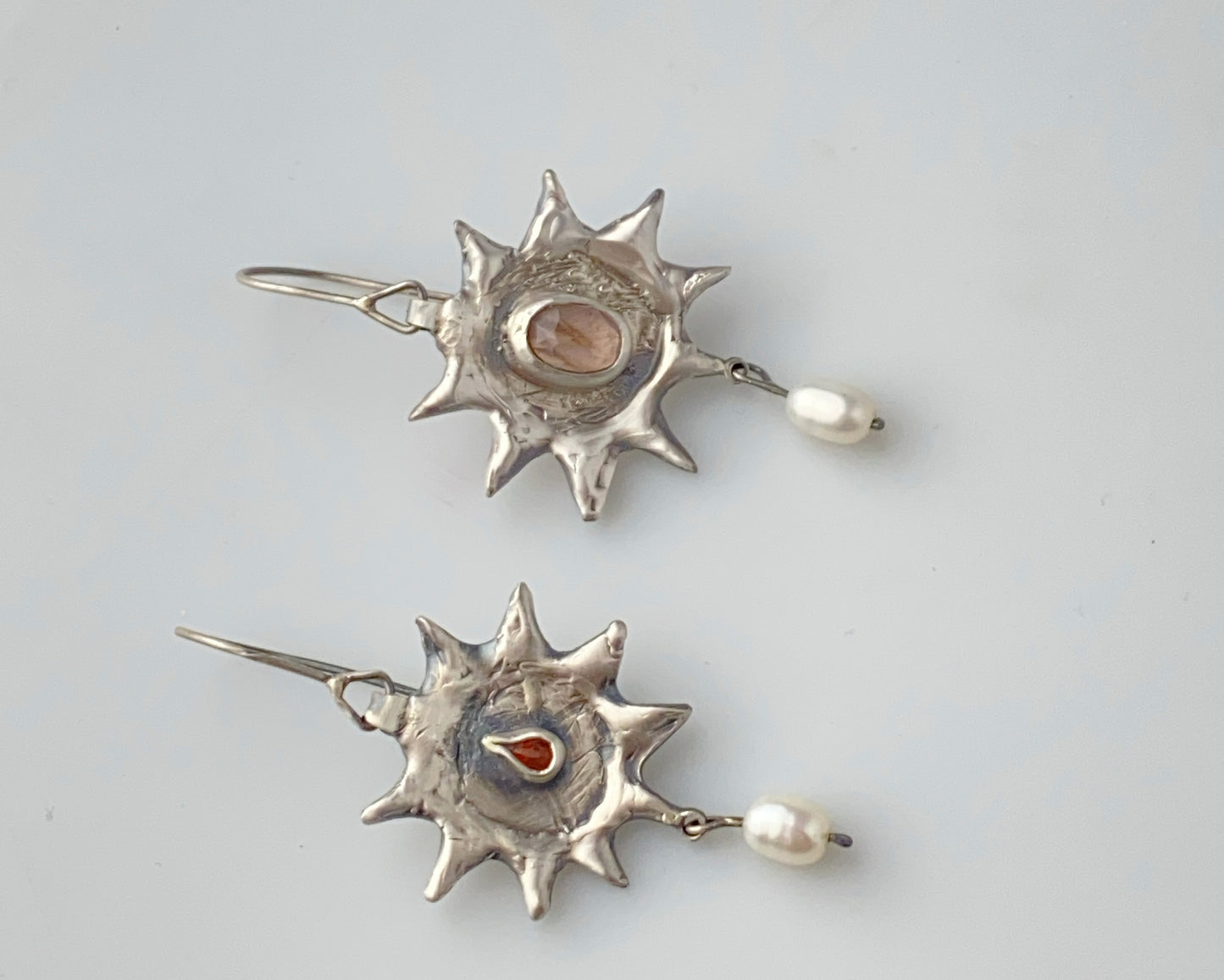 Silver Sun Earrings with Pink Quartz and Carnelian