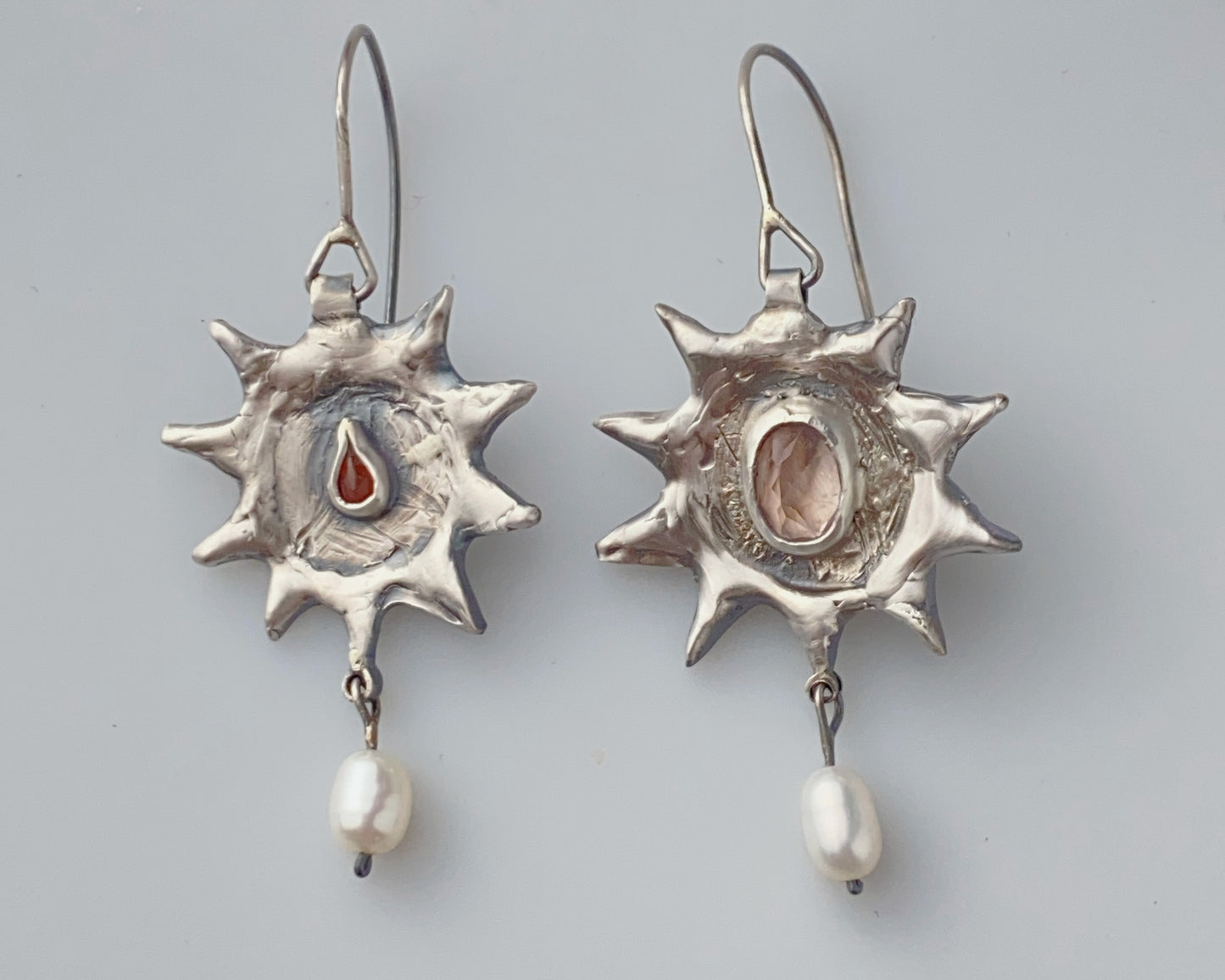 Silver Sun Earrings with Pink Quartz and Carnelian