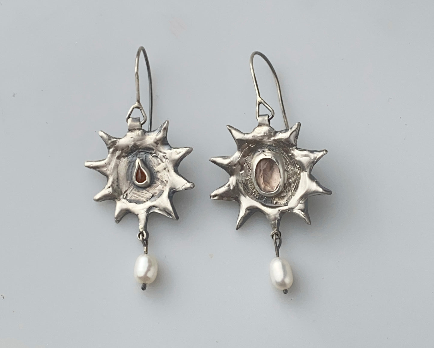 Silver Sun Earrings with Pink Quartz and Carnelian