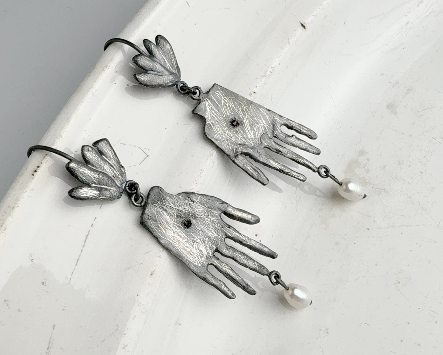 Sterling Silver Hand Earrings with Ruby and Pearl