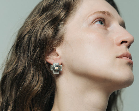 Handcrafted Textured Silver Cross Era Earrings with Labradorite Stones