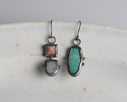 Summer Handcrafted Opal, Aquamarine & Turquoise Oxidized Silver Mismatched Earrings