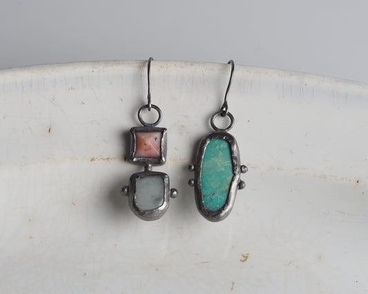 Summer Handcrafted Opal, Aquamarine & Turquoise Oxidized Silver Mismatched Earrings