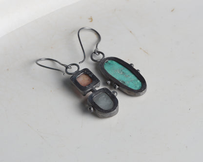 Summer Handcrafted Opal, Aquamarine & Turquoise Oxidized Silver Mismatched Earrings
