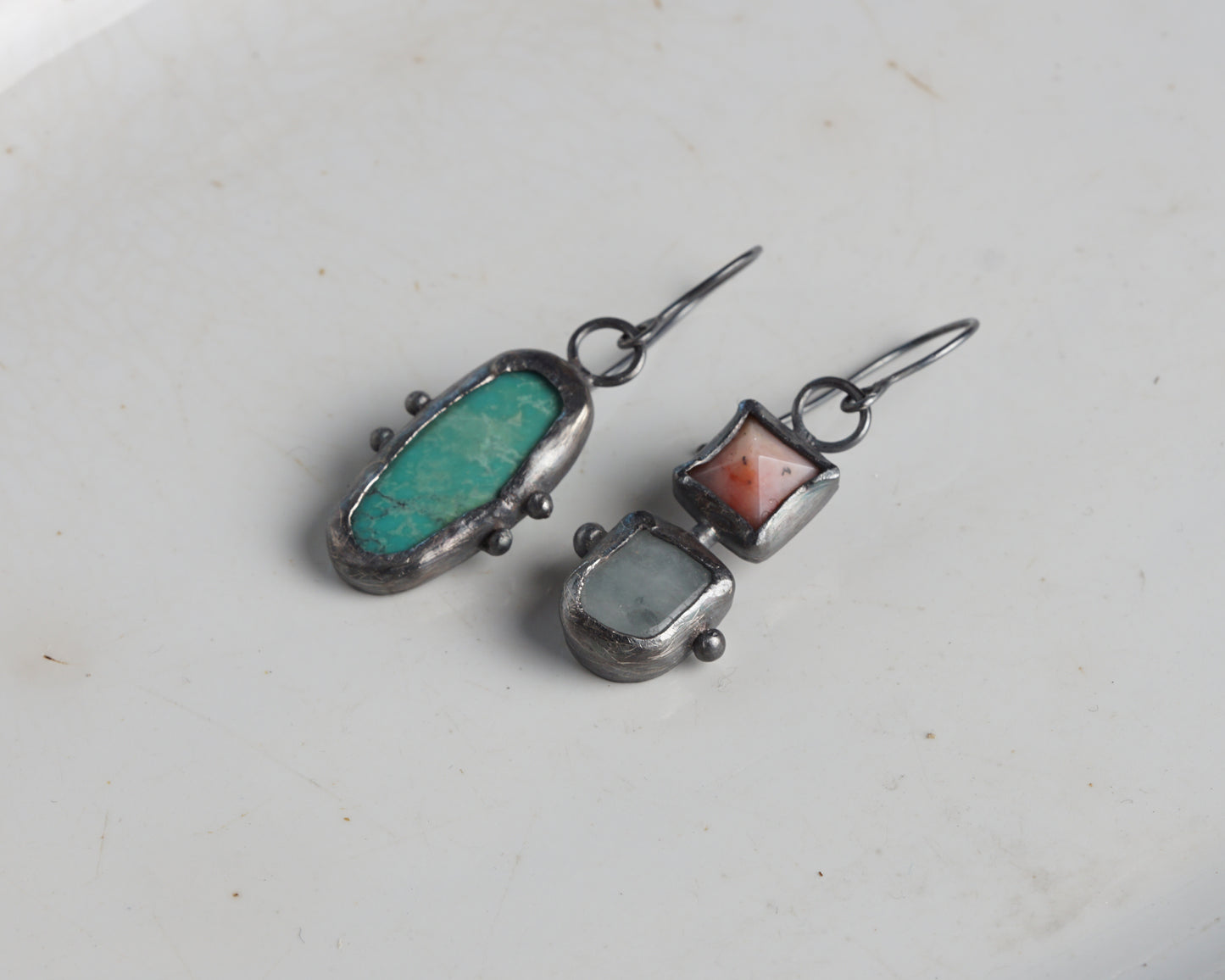 Summer Handcrafted Opal, Aquamarine & Turquoise Oxidized Silver Mismatched Earrings