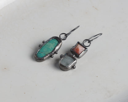 Summer Handcrafted Opal, Aquamarine & Turquoise Oxidized Silver Mismatched Earrings