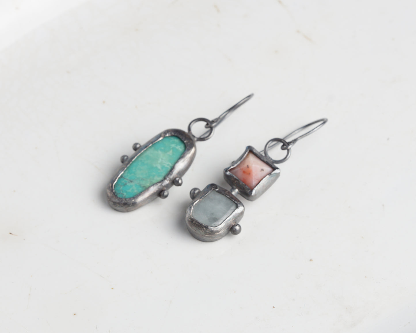 Summer Handcrafted Opal, Aquamarine & Turquoise Oxidized Silver Mismatched Earrings
