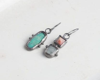 Summer Handcrafted Opal, Aquamarine & Turquoise Oxidized Silver Mismatched Earrings