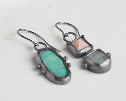 Summer Handcrafted Opal, Aquamarine & Turquoise Oxidized Silver Mismatched Earrings