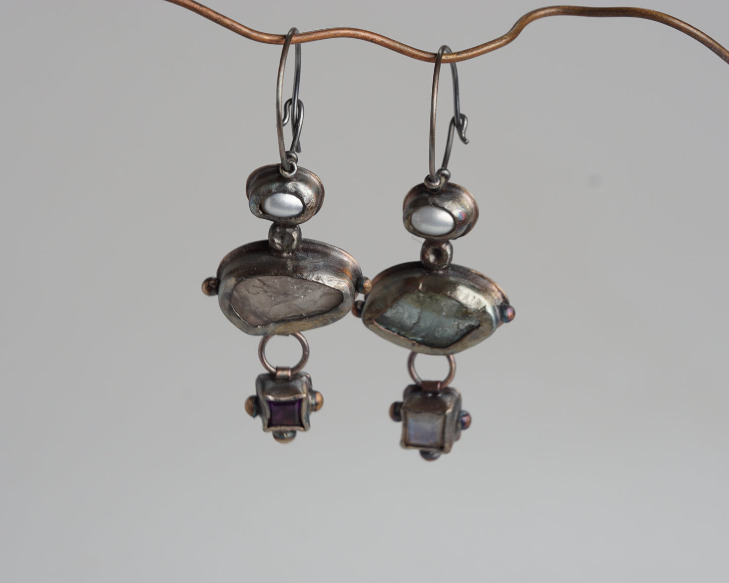 Mismatched Earrings with Aquamarine, Moonstone, Pearl, Rose Quartz & Amethyst