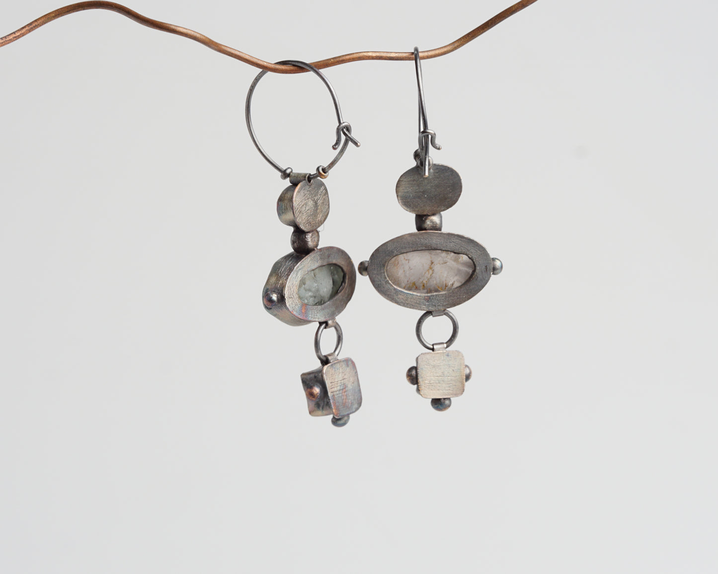 Mismatched Earrings with Aquamarine, Moonstone, Pearl, Rose Quartz & Amethyst