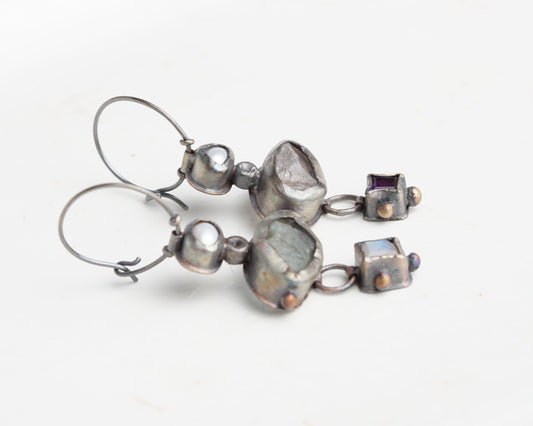 Mismatched Earrings with Aquamarine, Moonstone, Pearl, Rose Quartz & Amethyst