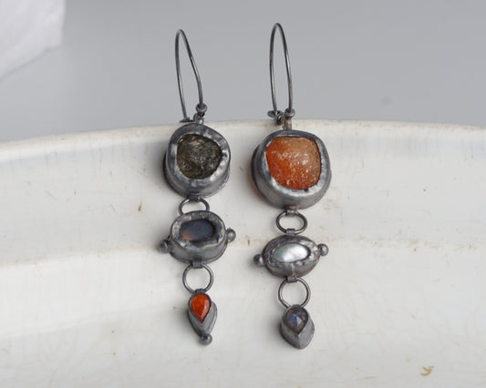 Actinolite Quartz, Ethiopian Opal, Carnelian & Fire Opal, Pearl & Labradorite Earrings