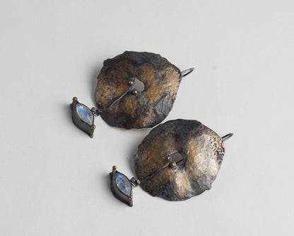 Hand-Forged Oxidized Silver Earrings with Moonstone and Gold Plating