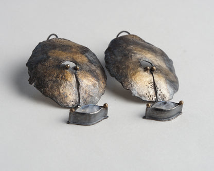 Hand-Forged Oxidized Silver Earrings with Moonstone and Gold Plating