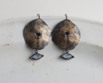 Hand-Forged Oxidized Silver Earrings with Moonstone and Gold Plating