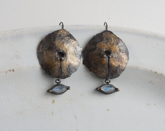 Hand-Forged Oxidized Silver Earrings with Moonstone and Gold Plating
