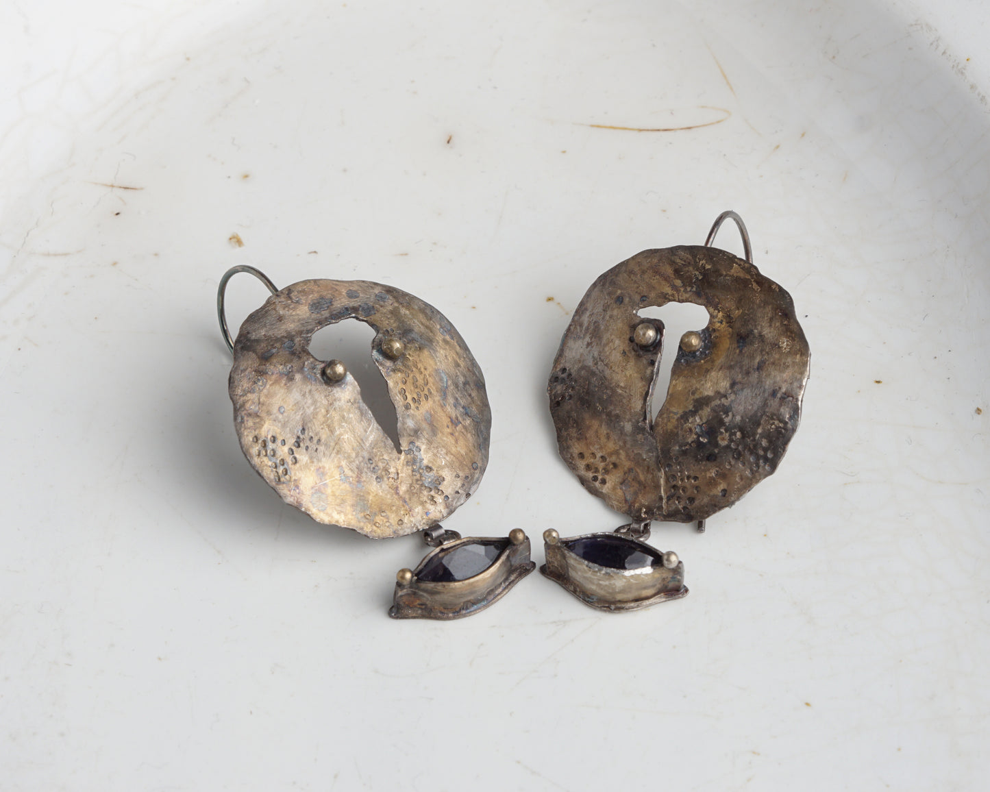 Handcrafted Forged Silver Earrings with Gold Plating and Marquise Iolite