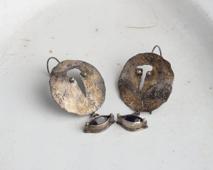 Handcrafted Forged Silver Earrings with Gold Plating and Marquise Iolite