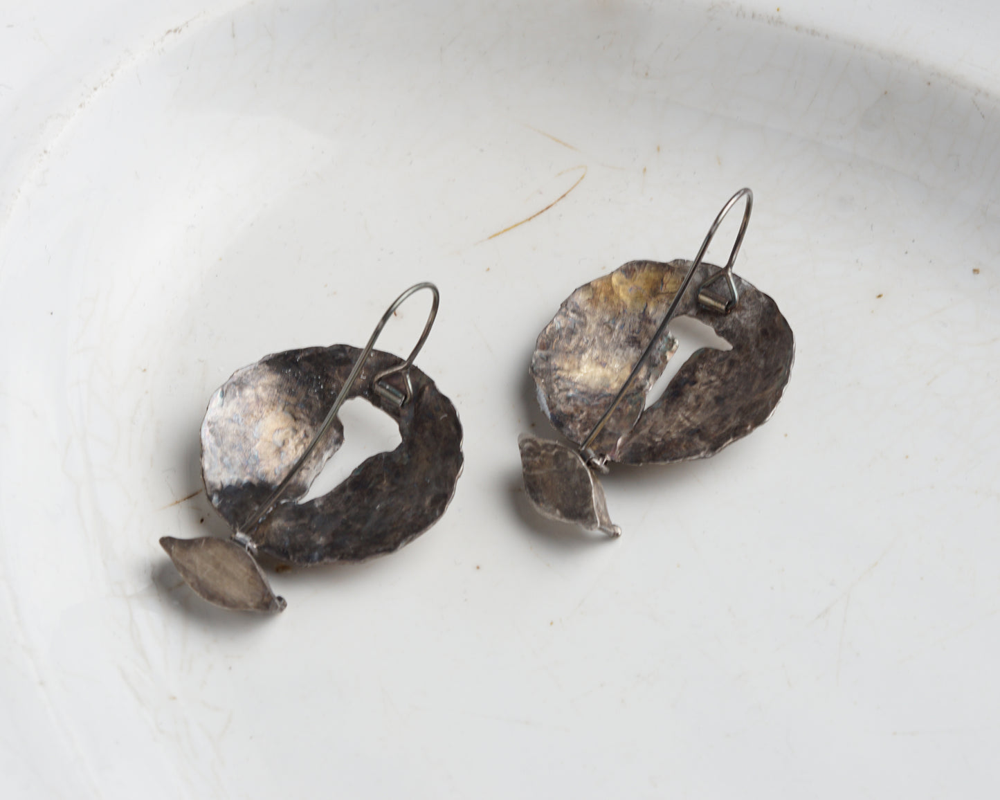 Handcrafted Forged Silver Earrings with Gold Plating and Marquise Iolite