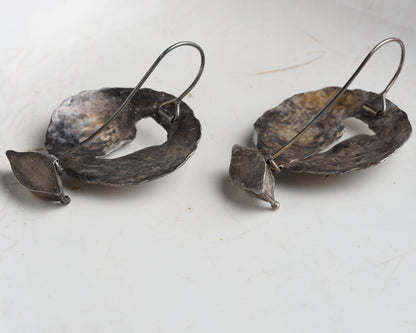 Handcrafted Forged Silver Earrings with Gold Plating and Marquise Iolite