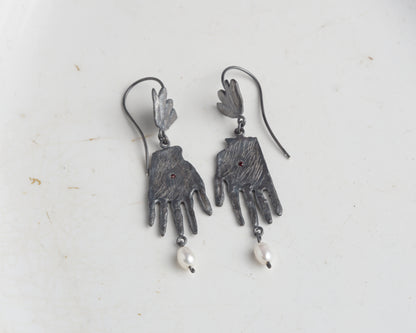 Sterling Silver Hand Earrings with Ruby and Pearl