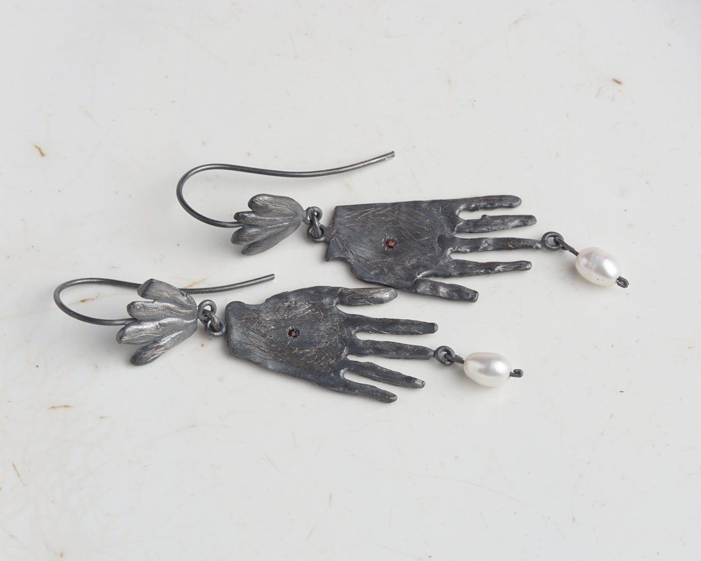 Sterling Silver Hand Earrings with Ruby and Pearl