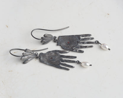 Sterling Silver Hand Earrings with Ruby and Pearl