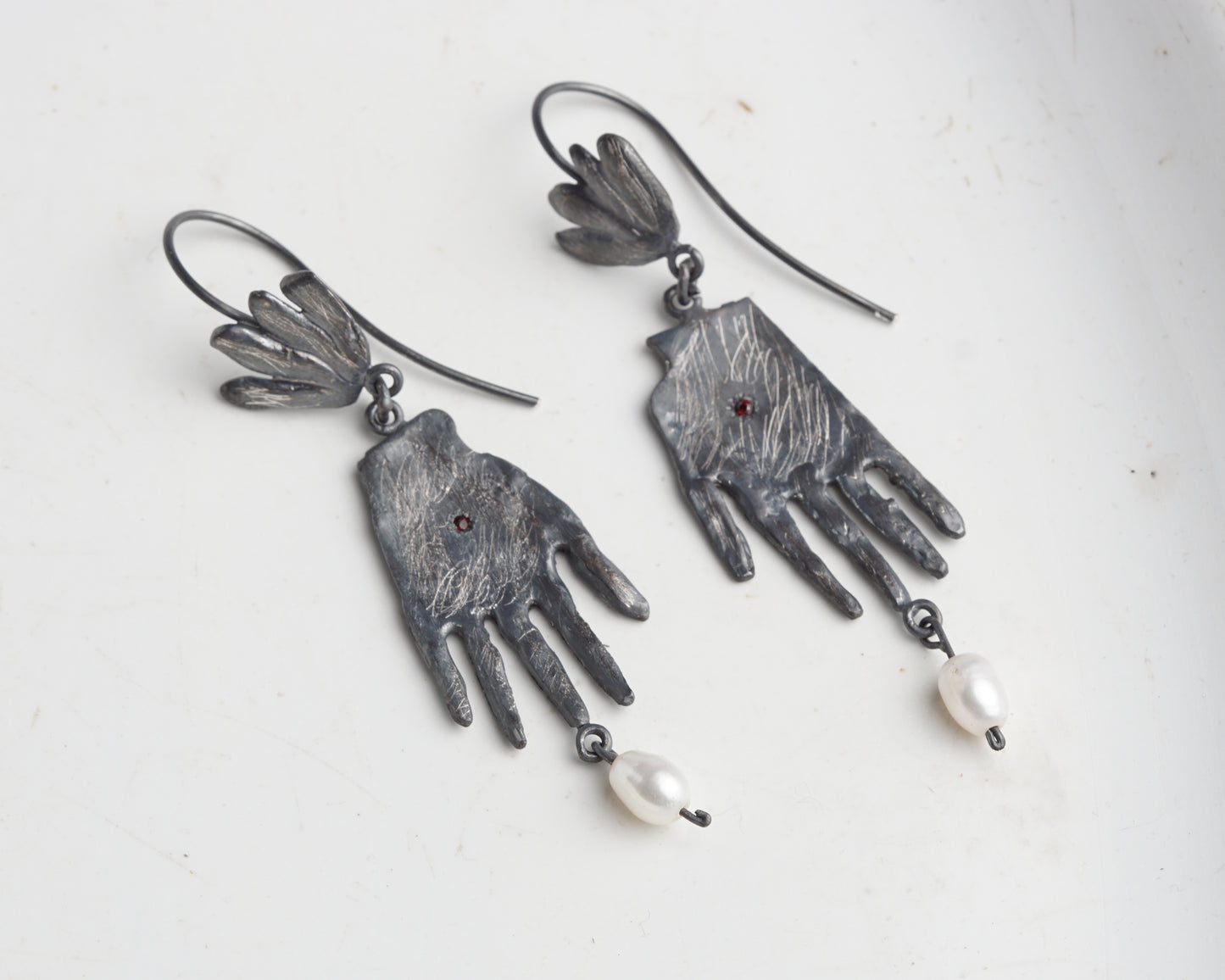 Sterling Silver Hand Earrings with Ruby and Pearl