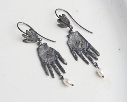Sterling Silver Hand Earrings with Ruby and Pearl