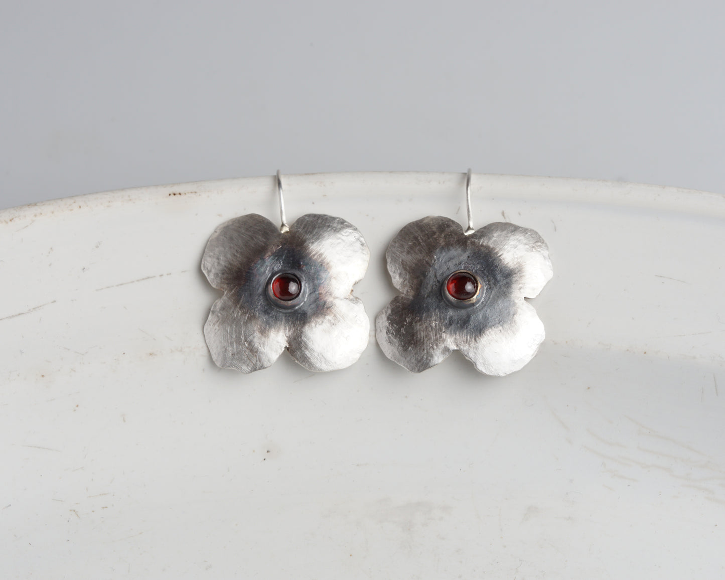 Handcrafted Silver Flower Earrings with Natural Ruby