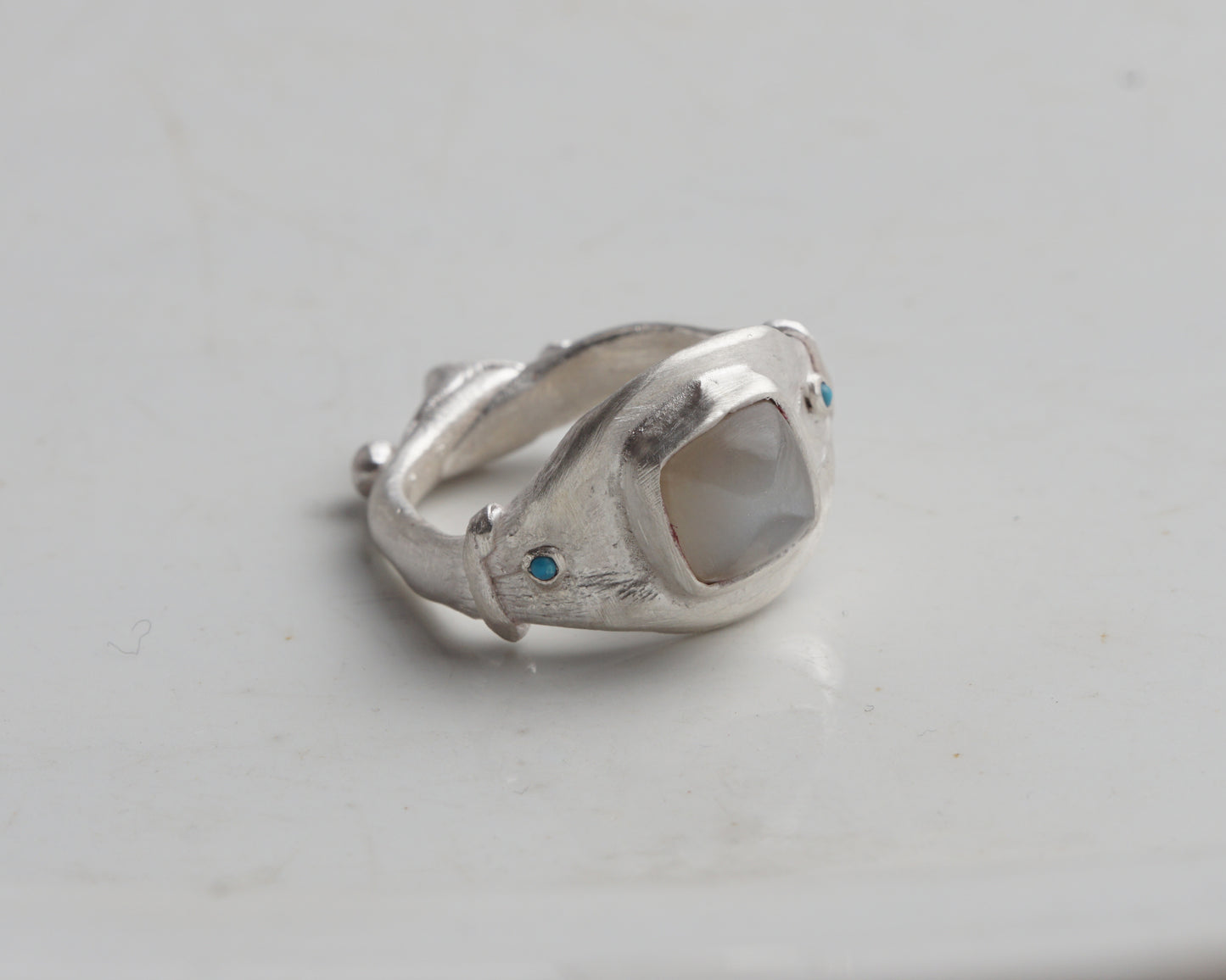 Sugarloaf Moonstone and Turquoise Silver Ring