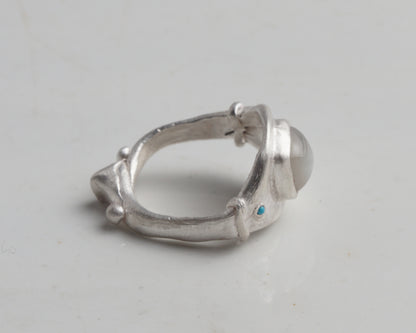 Sugarloaf Moonstone and Turquoise Silver Ring