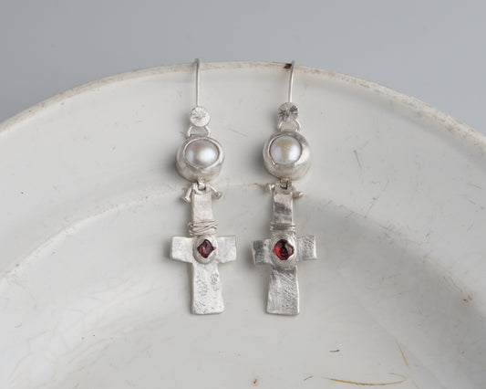 Blood Drop Pearl & Garnet Earrings