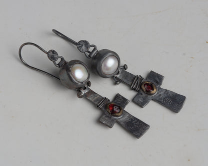 Blood Drop Pearl & Garnet Earrings