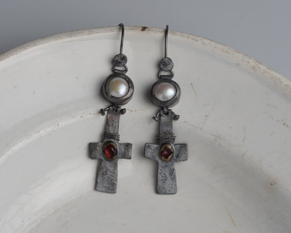 Blood Drop Pearl & Garnet Earrings